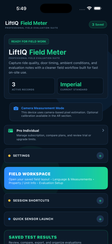 LiftIQ Field Meter home screen