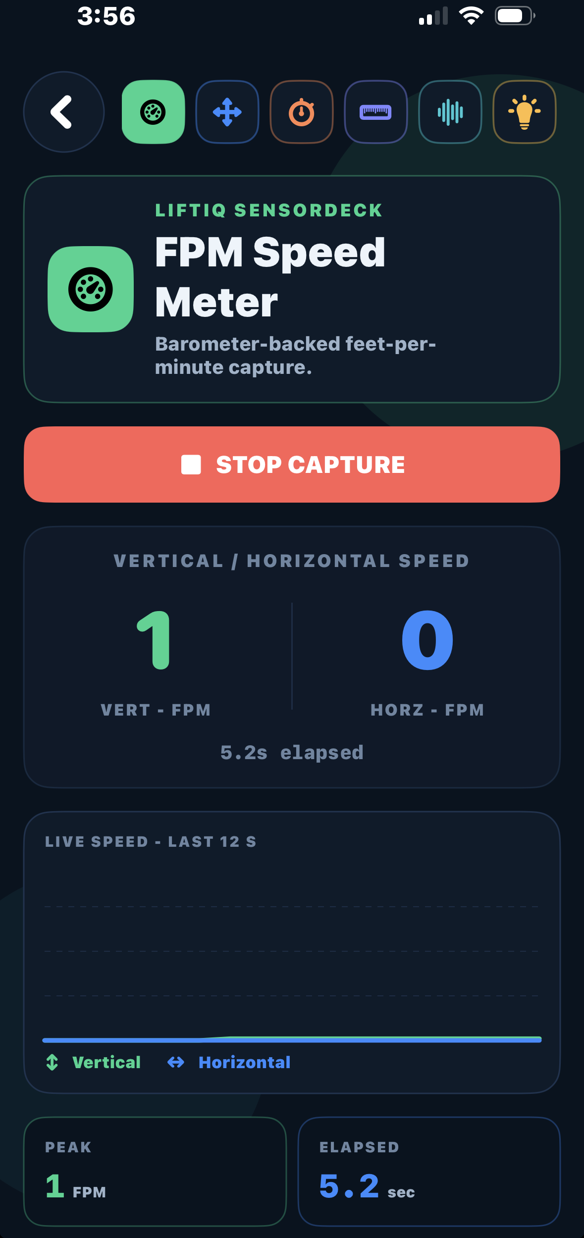 LiftIQ SensorDeck FPM Speed Meter screen