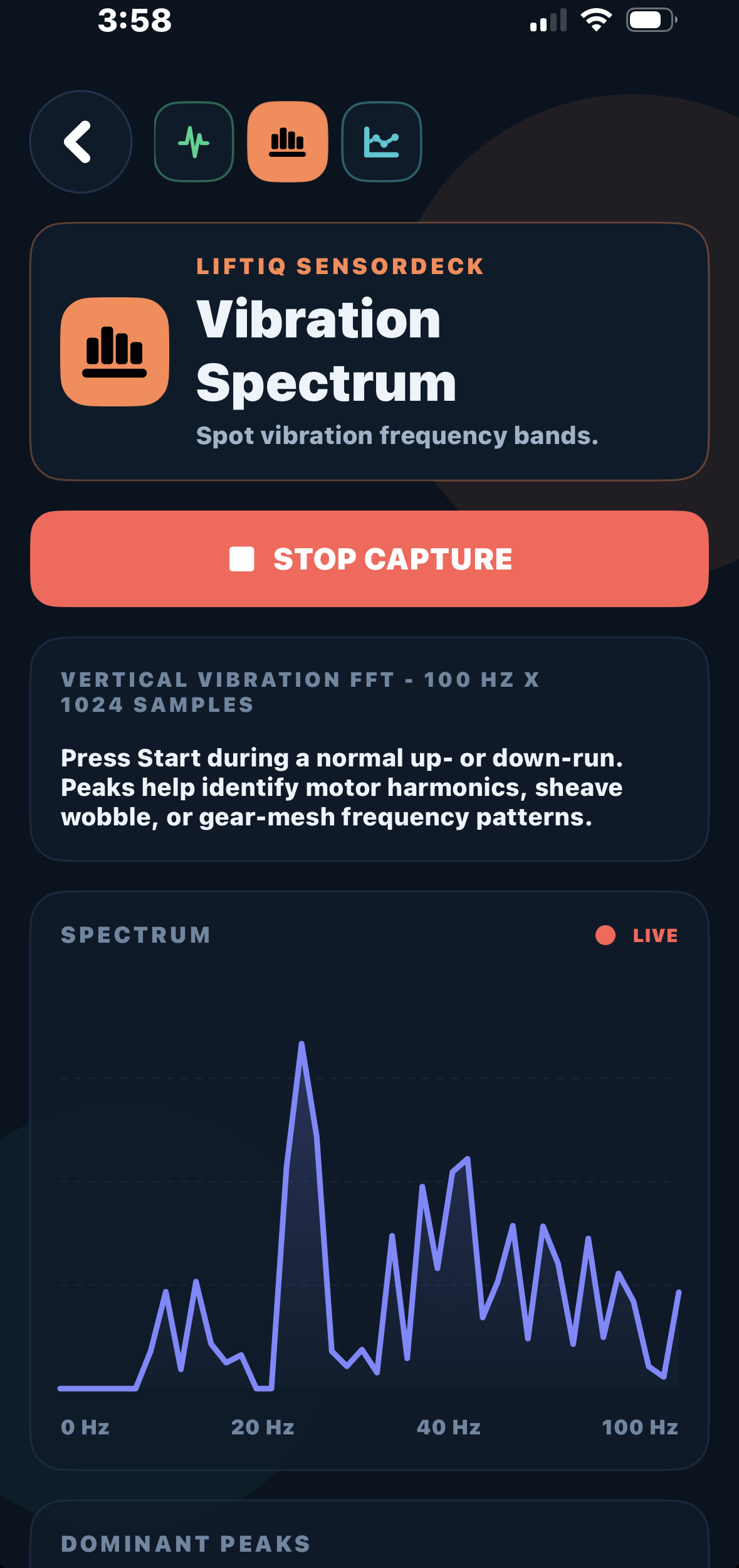 LiftIQ SensorDeck vibration spectrum FFT screen