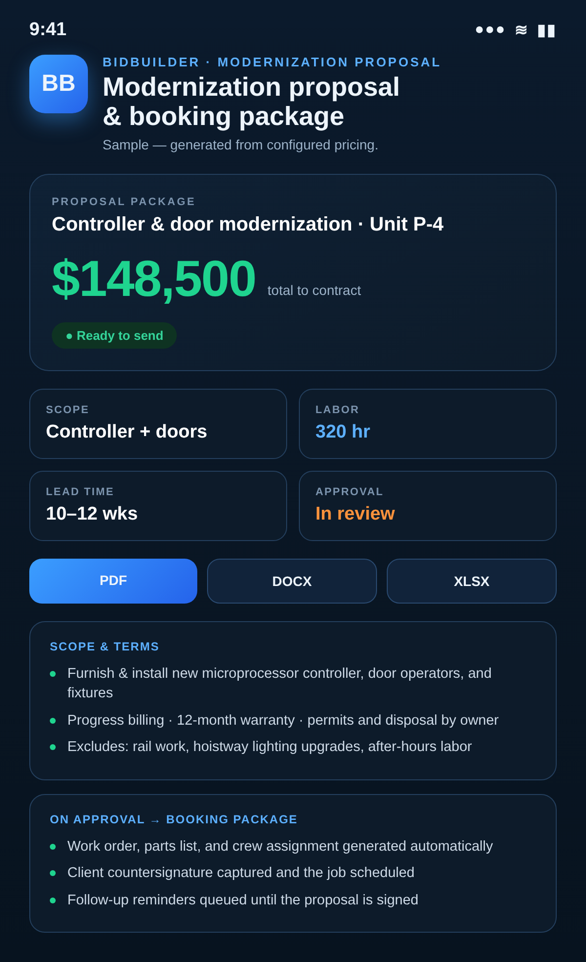 LiftIQ BidBuilder modernization proposal and booking package export