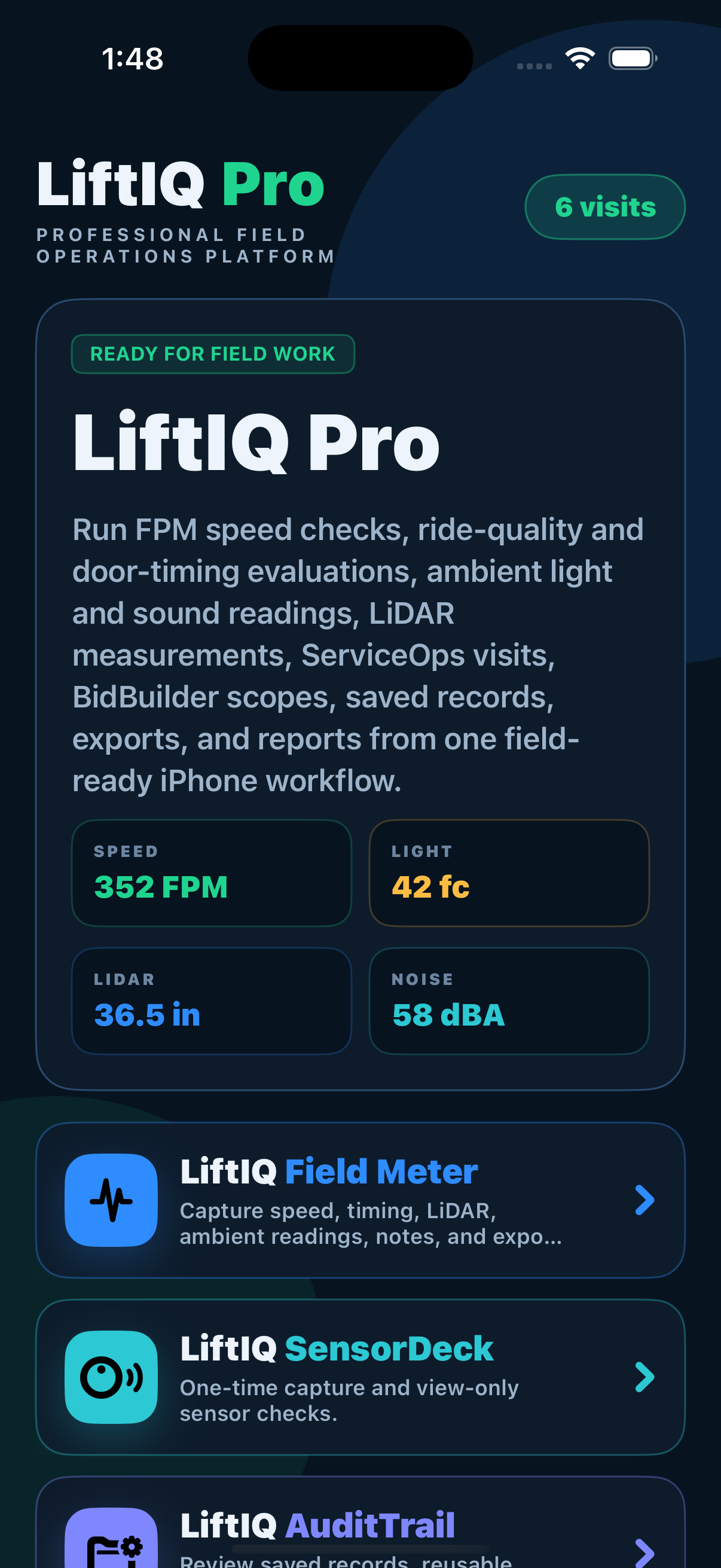 LiftIQ Pro home screen showing module entry points
