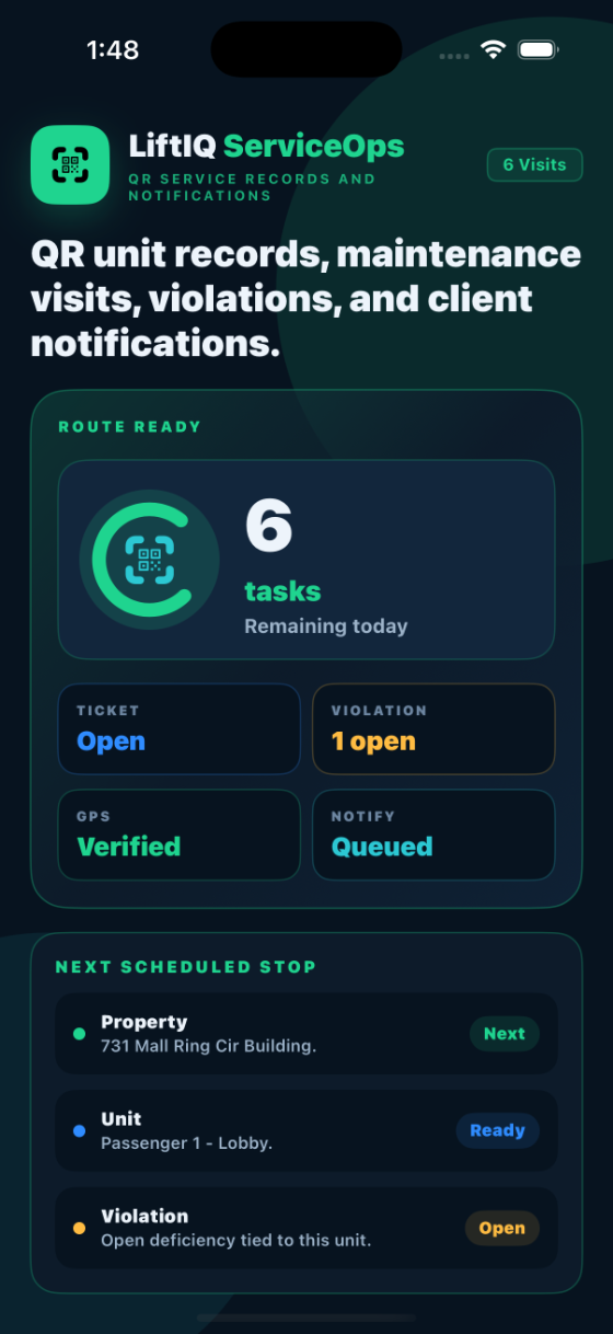 LiftIQ ServiceOps screen